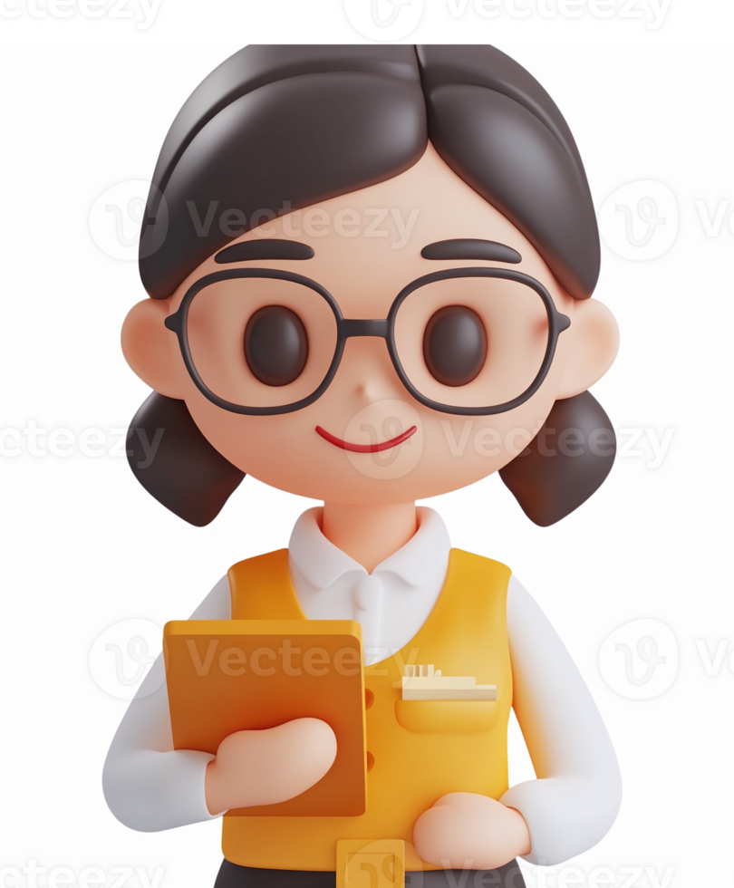 Friendly Female Character with Glasses Holding a Clipboard in Professional Attire png