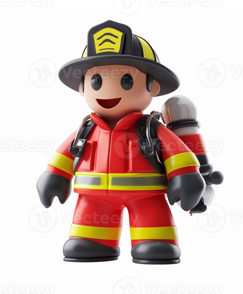Playful Firefighter Character in Bright Red Uniform with Fire Hose on Transparent Background png