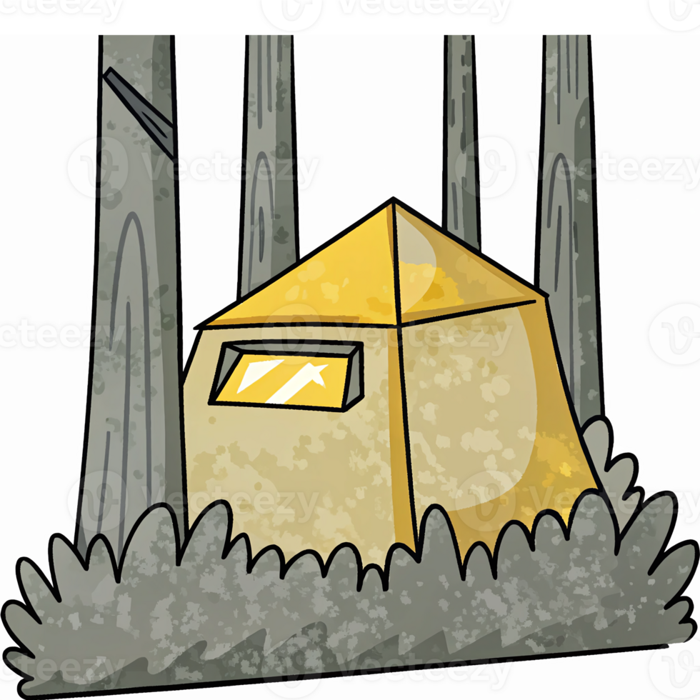 Stylish Geometric Tent in a Lush Forest Surrounded by Tall Trees and Greenery png