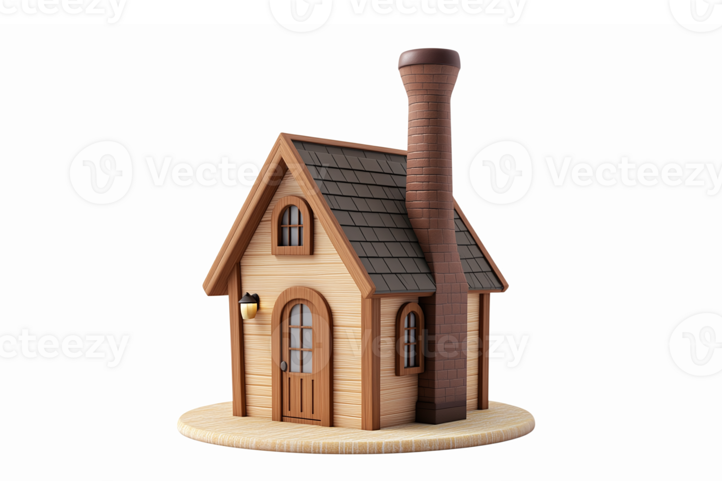 Charming 3D Model of a Cozy Wooden House with Chimney on Simple Base for Creative Projects png