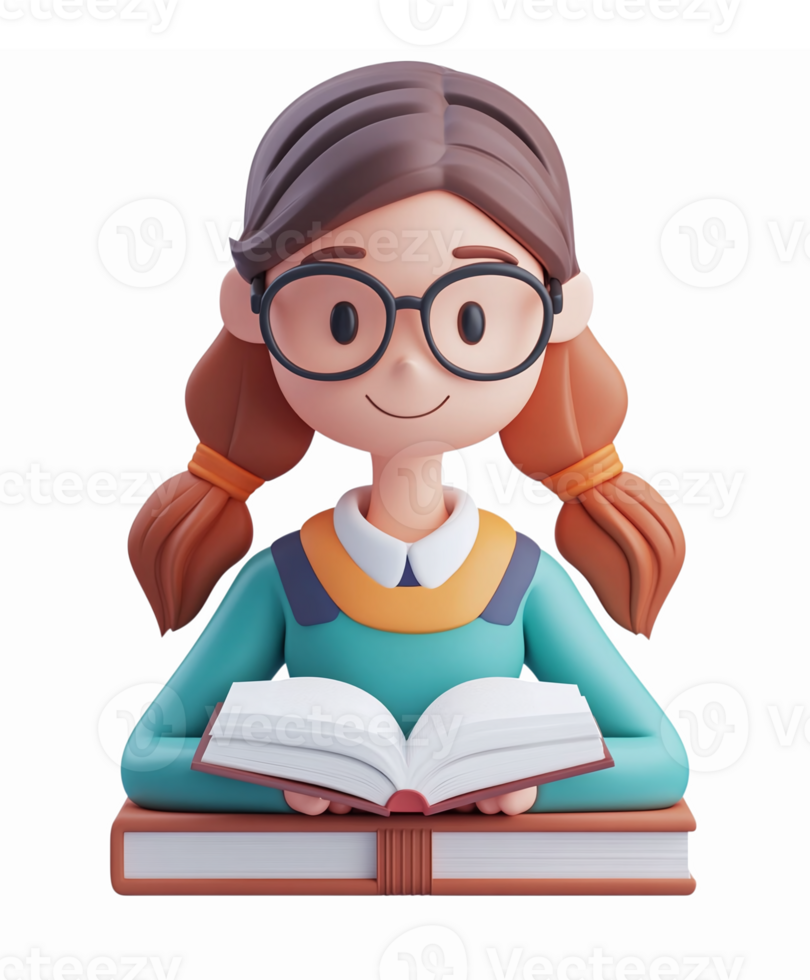 Cheerful Student Reading Book with Glasses in Colorful Study Environment for Educational Themes png