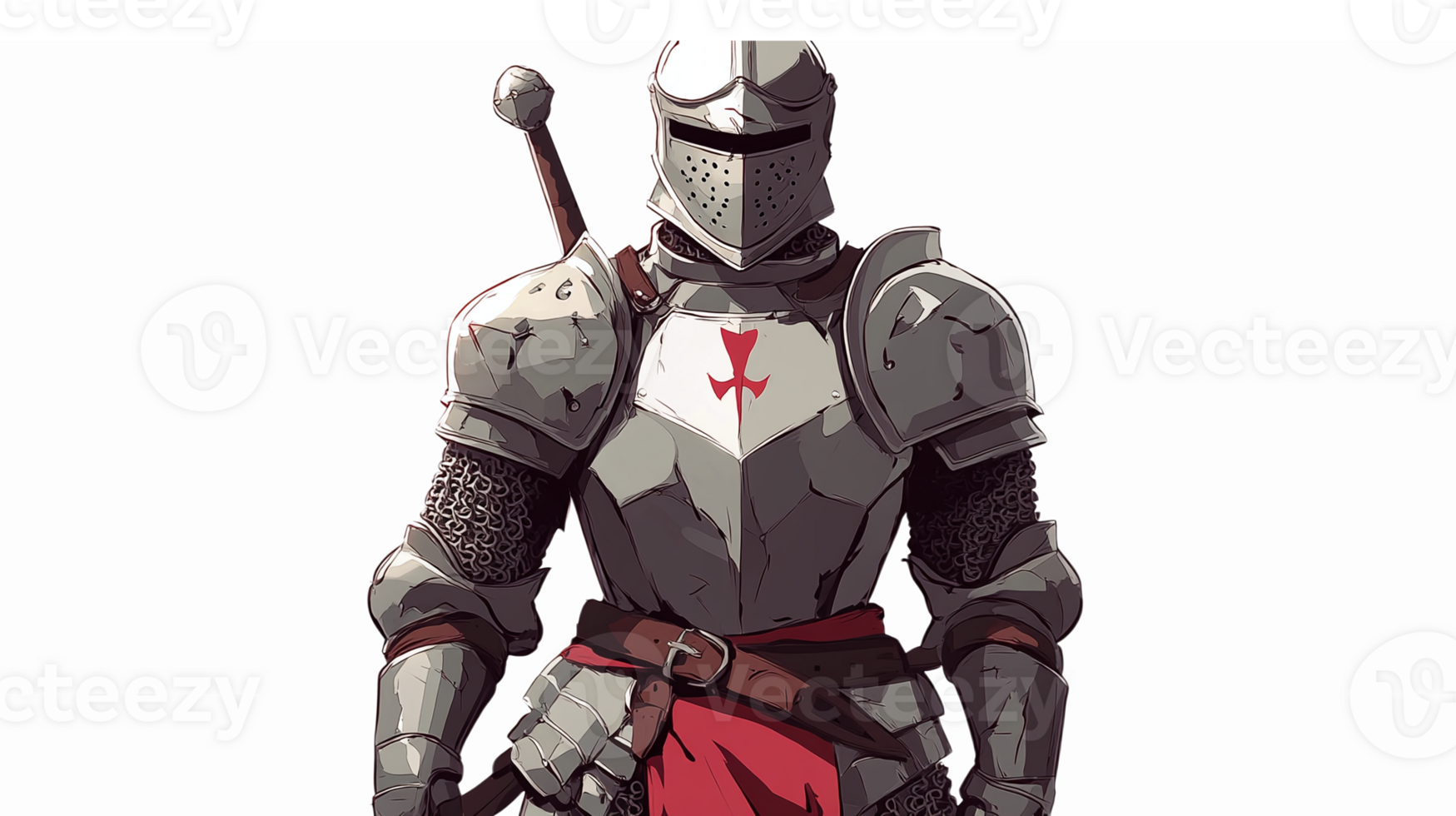Medieval Knight in Armor with Sword and Red Emblem on Chest Standing Boldly png