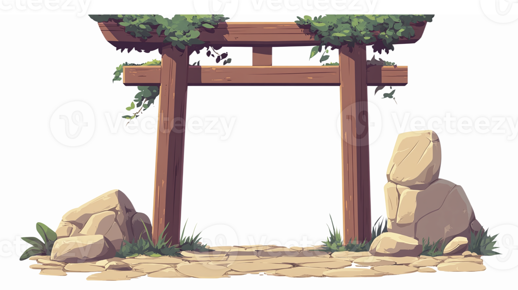 Traditional Japanese Torii Gate Surrounded by Lush Greenery and Natural Stone Elements png