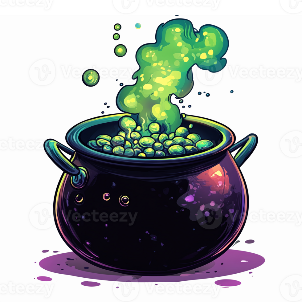 Spooky Witch Cauldron with Bubbling Green Potion and Magical Smoke Effect png