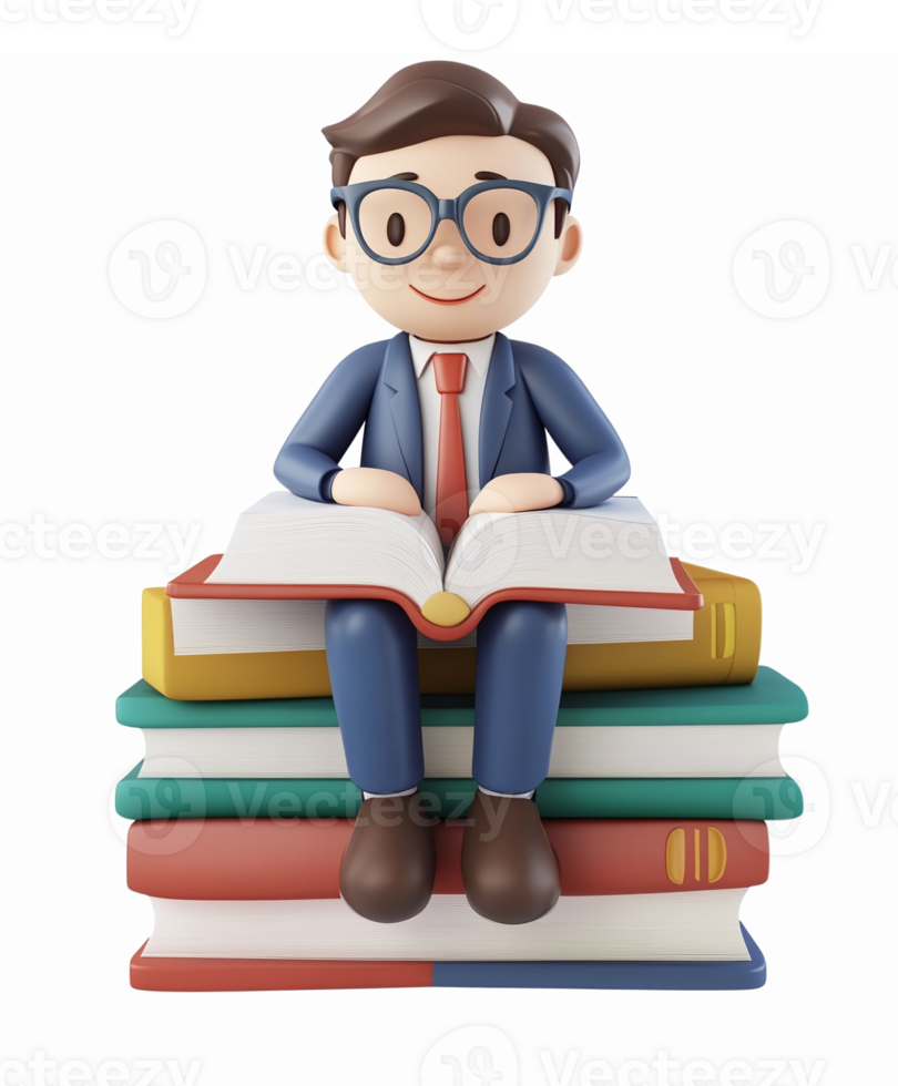 Smart Young Man in Suit Reading a Book Sitting on Colorful Stack of Books 3D Illustration png