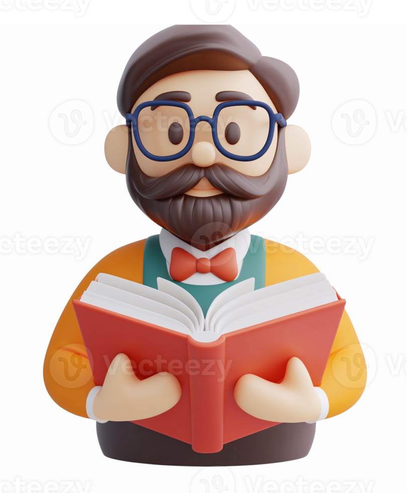 Whimsical 3D Character Holding Open Book with Glasses and Beard for Education and Learning Themes png