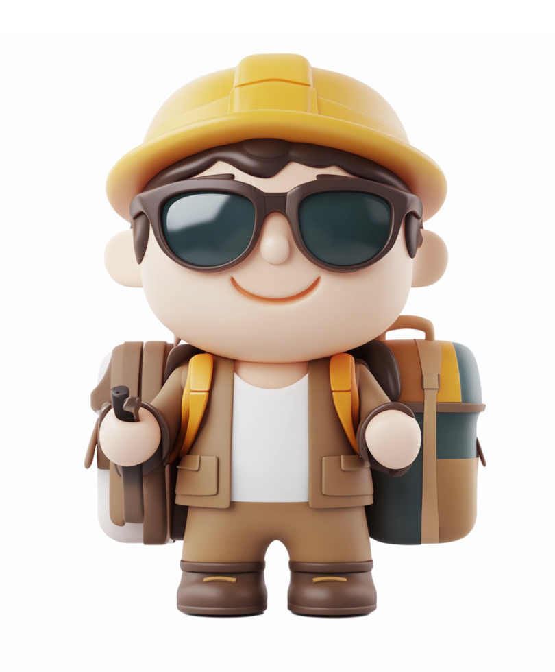 Adventurous Cartoon Explorer Character with Sunglasses and Hard Hat Ready for Outdoor Activities png