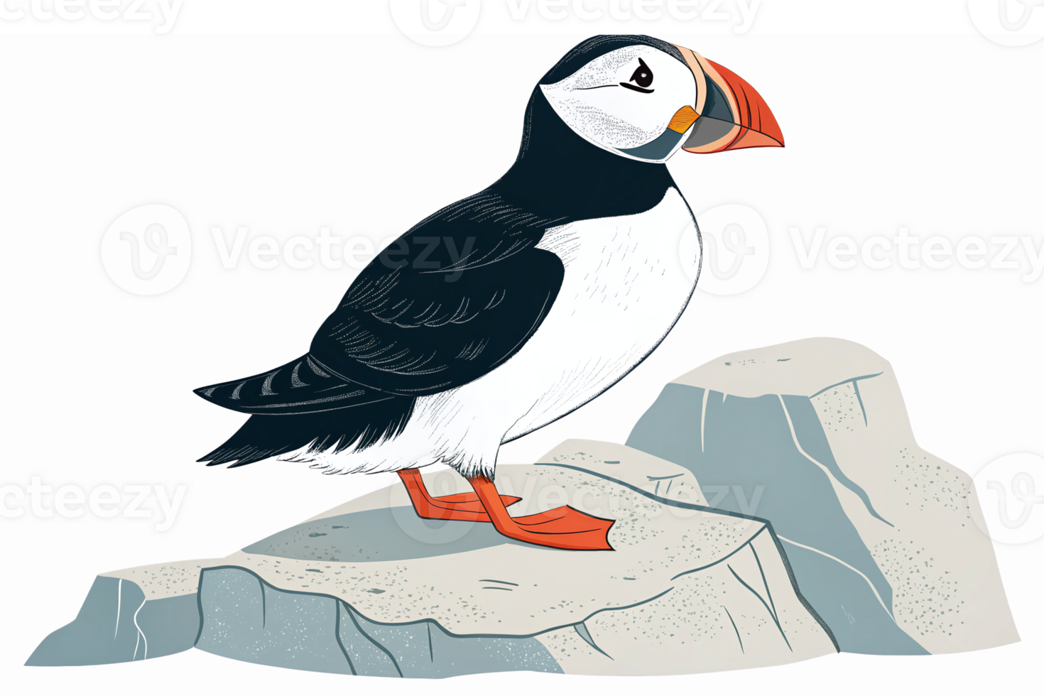 Colorful Puffin Bird Standing on Rocky Cliff with Vibrant Orange Beak and Expressive Eyes png