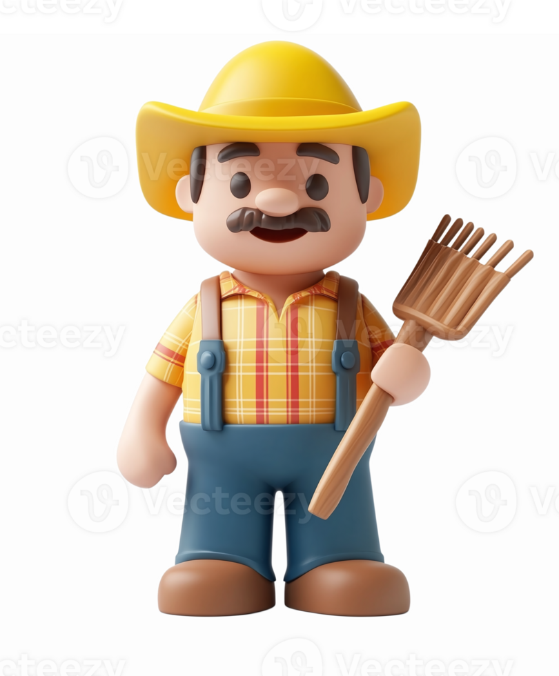 Playful Cartoon Farmer Character with Straw Hat Holding a Rake on Transparent Background png