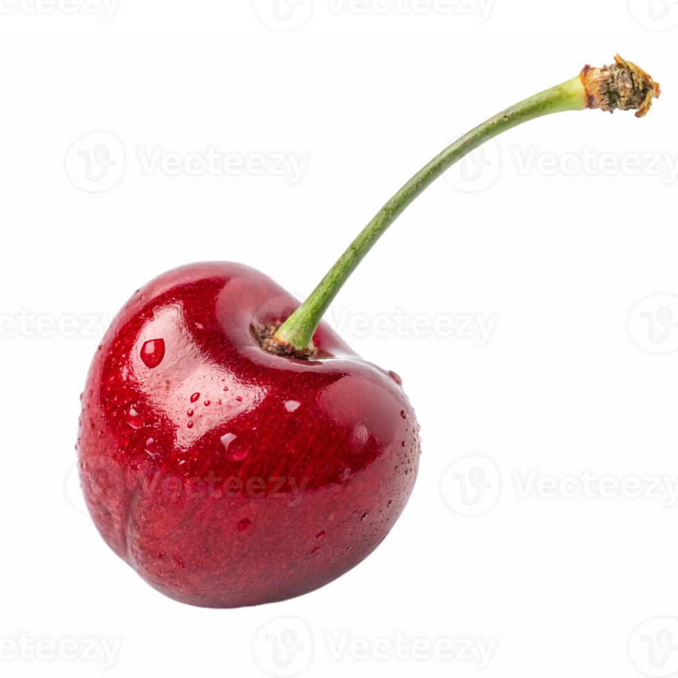 Fresh Vibrant Red Cherry with Water Droplets and Green Stem on Transparent Background png