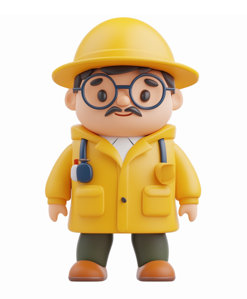 Cartoon Character Fisherman in Yellow Raincoat with Hat and Glasses by Transparent Background png