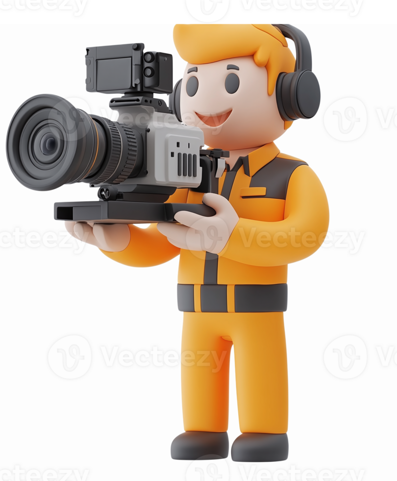 3D Character Holding Professional Camera in Orange Outfit for Production and Media png
