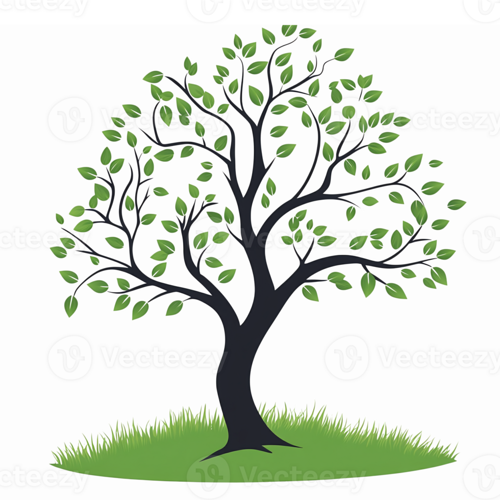 Lush Green Tree Illustration with Leaves and Grass for Nature and Eco Designs png
