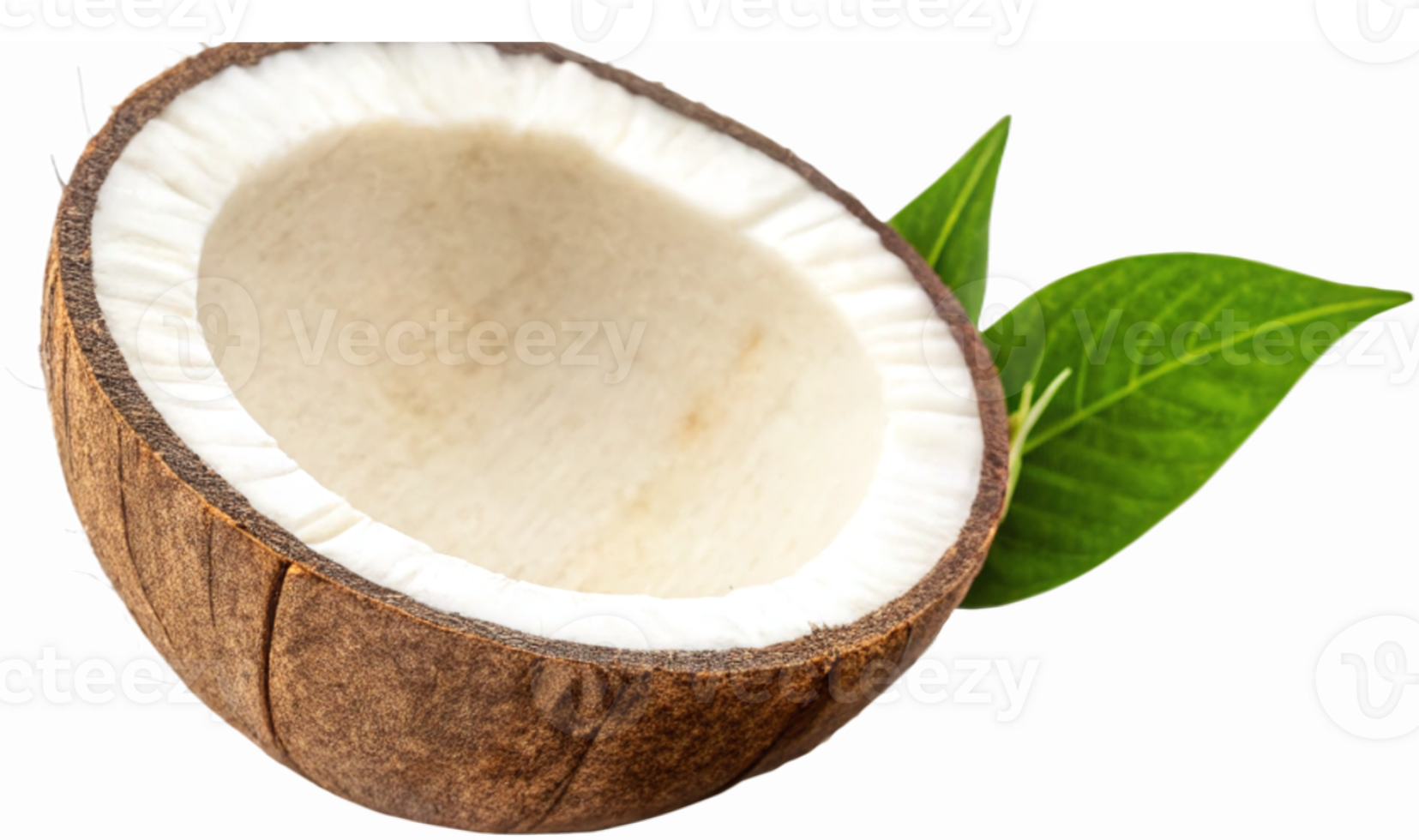 Half Coconut Shell with Fresh White Flesh and Green Leaves on Transparent Background png