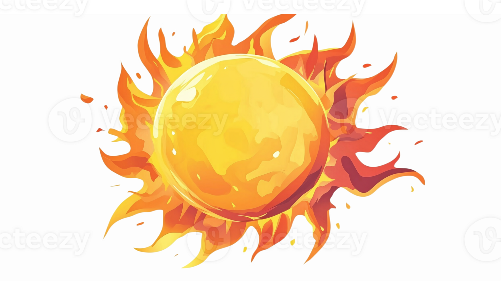 Vibrant Cartoon Sun Illustration with Fiery Flames and Bright Yellow Center for Seasonal Designs png