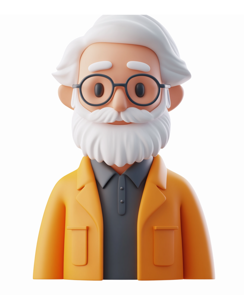 Whimsical Elderly Scientist Character with Glasses and White Beard on Transparent Background png