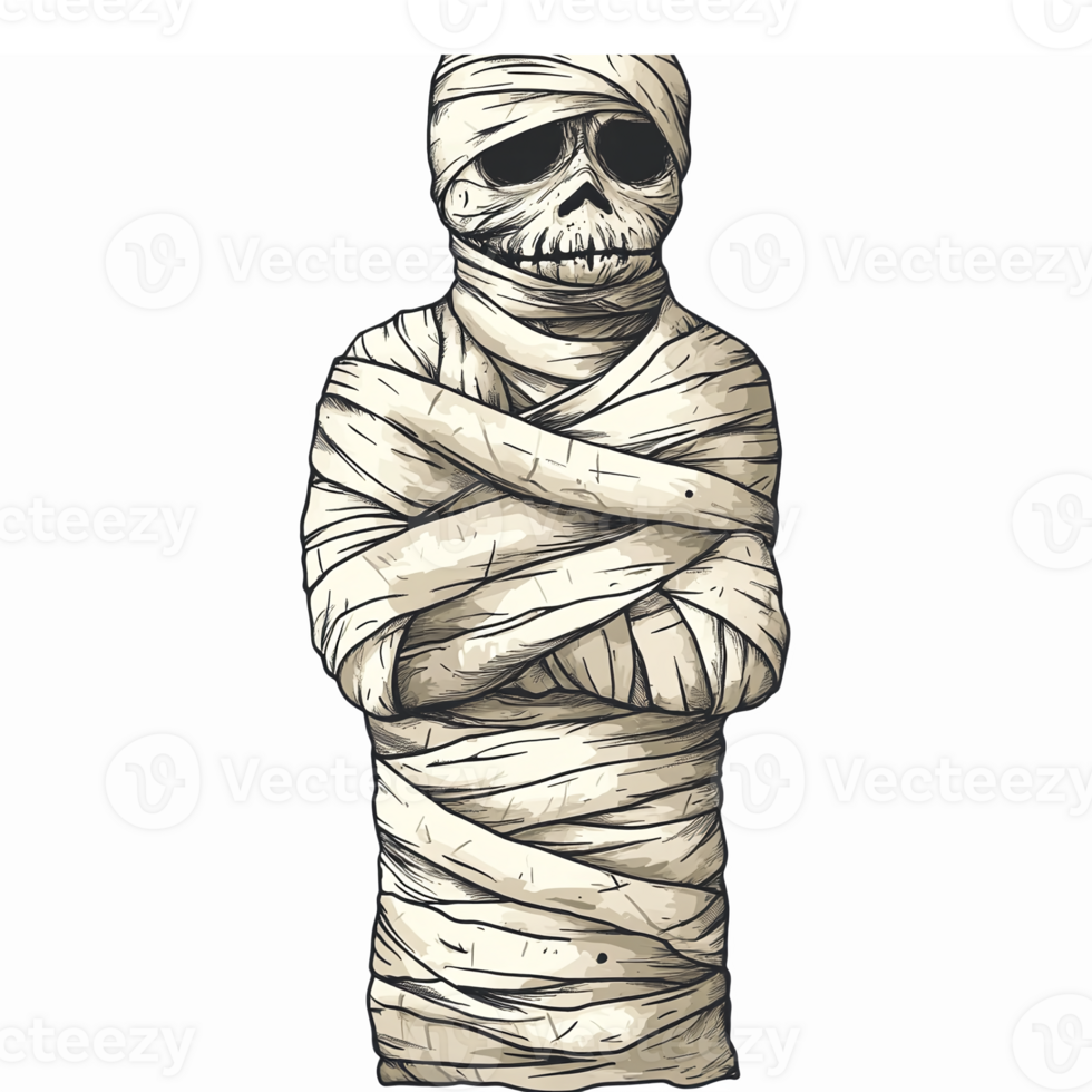Detailed Vintage Style Mummy Skull Character with Wrapped Bandages Perfect for Halloween Themes png
