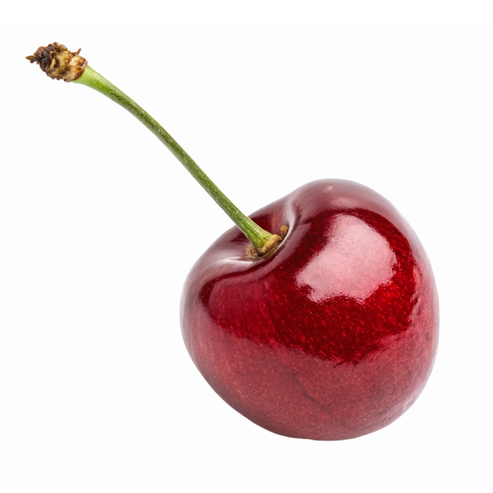 Fresh Red Cherry with Glossy Texture and Vibrant Green Stem on Transparent Background png