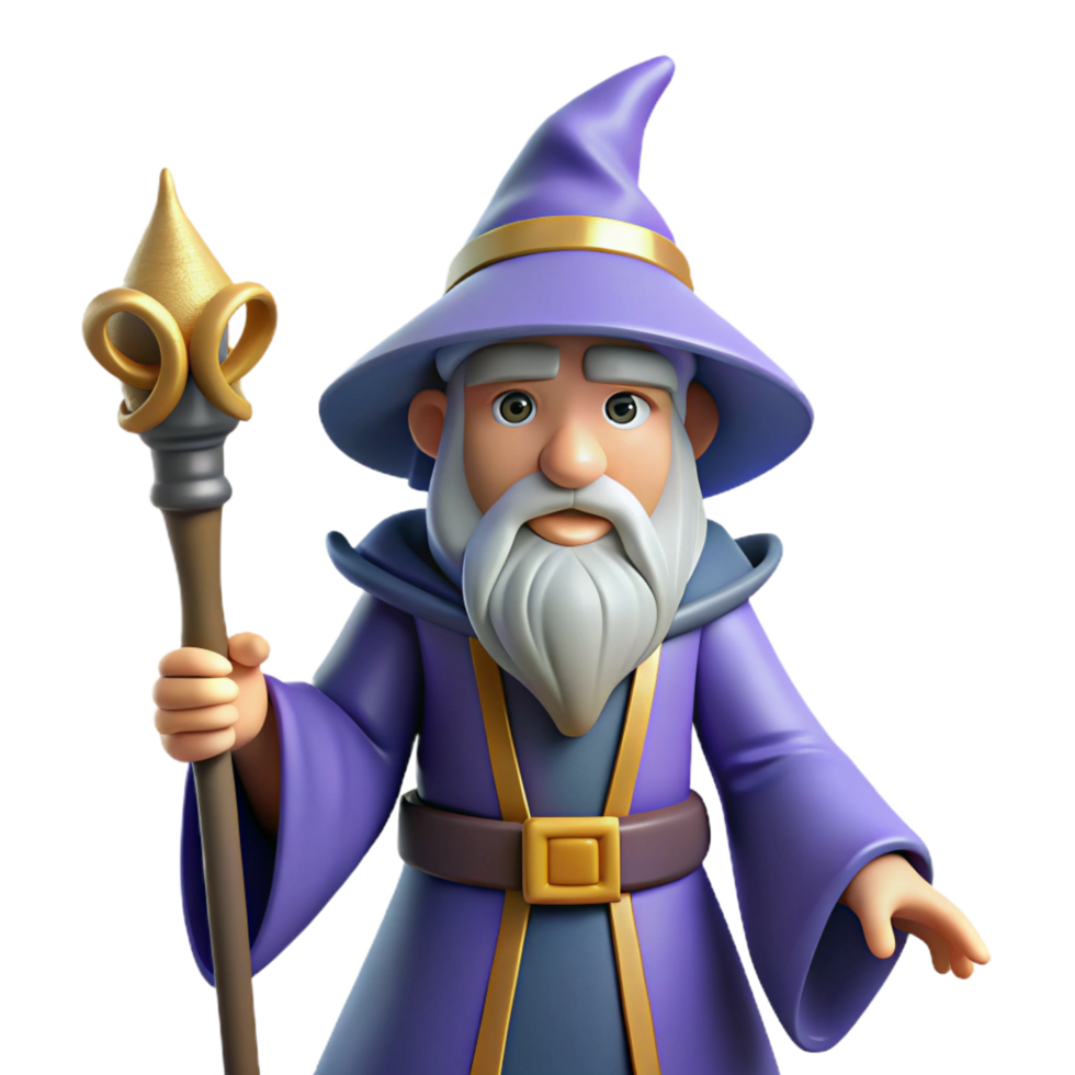 wonderful minimalist Merlin, wizard, holding a staff, authentic png