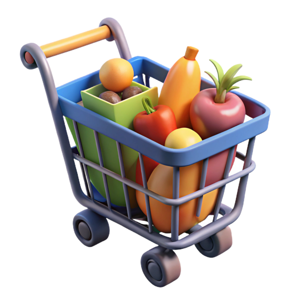 dramatic minimalist A shopping cart full of groceries, detailed png