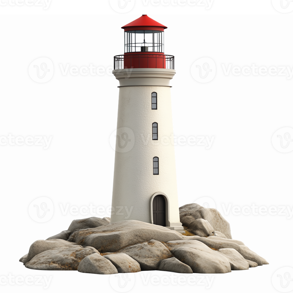 Vintage Coastal Lighthouse Surrounded by Natural Rocky Landscape in a Transparent Background png