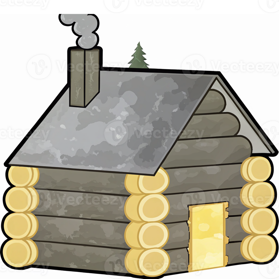 Charming Rustic Log Cabin with Smoke Rising from Chimney and Green Tree in Background png