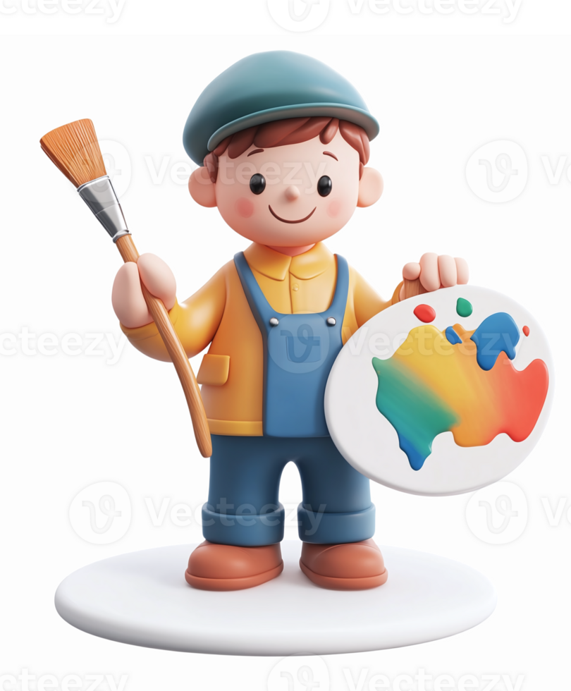 Cute Cartoon Painter Character Holding Palette and Brush in Colorful Outfit for Creative Projects png