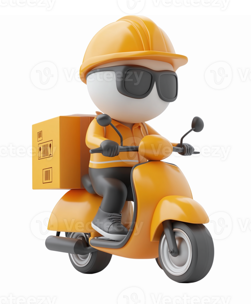 Delivery Rider Character on Scooter with Helmet Sunglasses and Cargo Box for Logistics Services png
