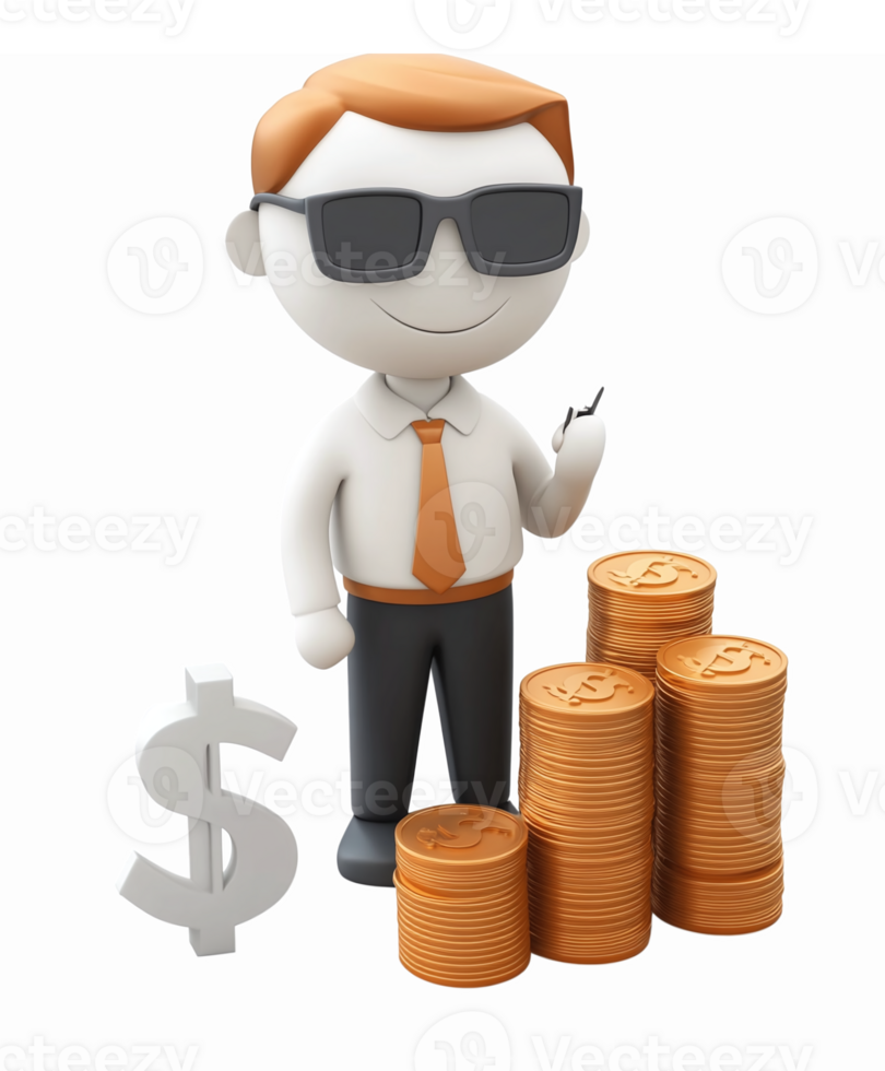 Confident Businessman Character with Sunglasses and Stacked Coins Representing Wealth and Success png