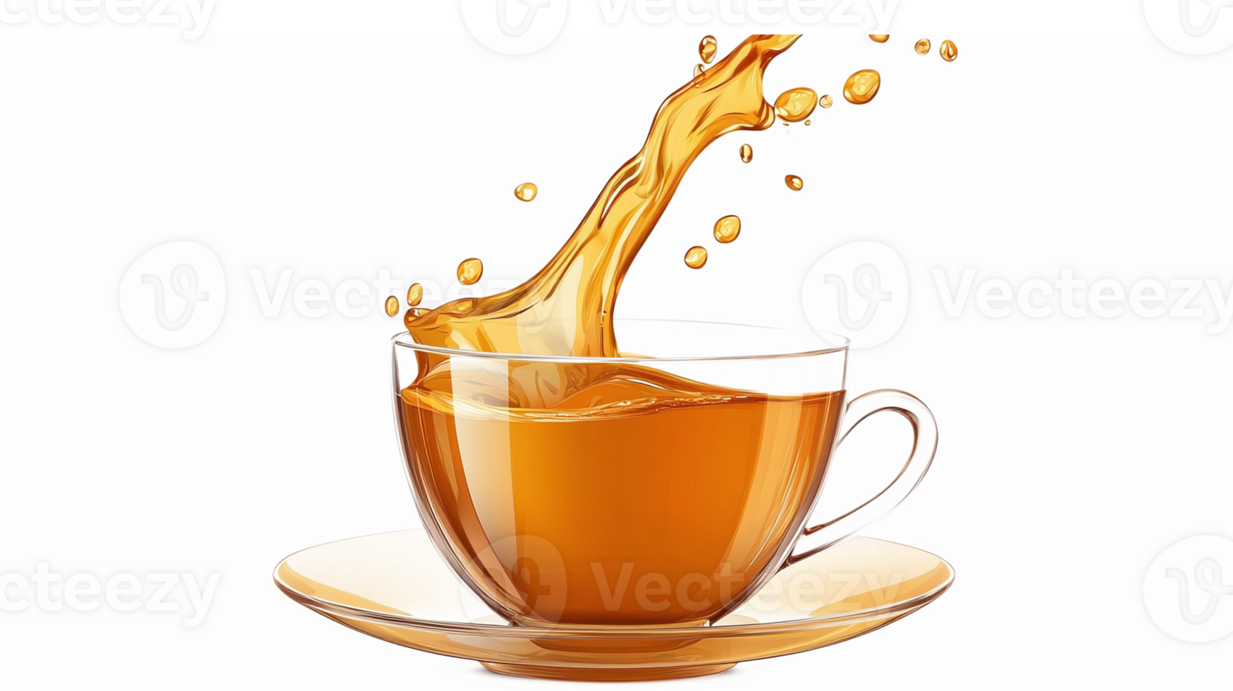 Splashing Tea in a Transparent Cup on Saucer with Rich Amber Color and Dynamic Motion png