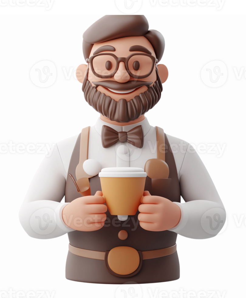 Friendly Barista Character Holding Coffee Cup in Warm Inviting Style for Cafe Branding png