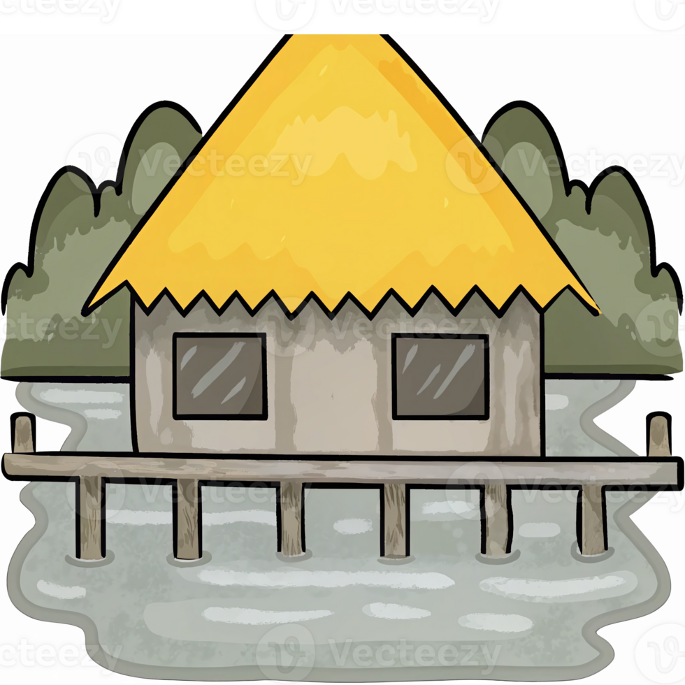 Colorful Tropical House on Stilts Surrounded by Water and Lush Trees Perfect for Nature Themes png