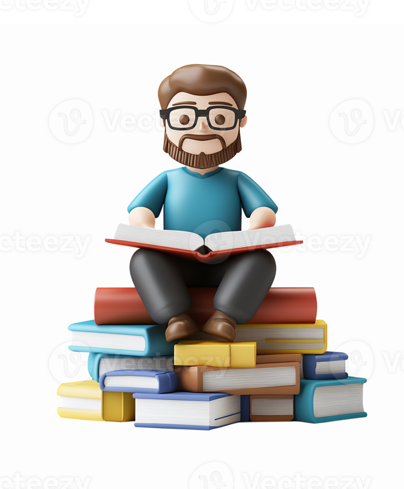 Person Reading a Book Sitting on Pile of Colorful Books Character Illustration png