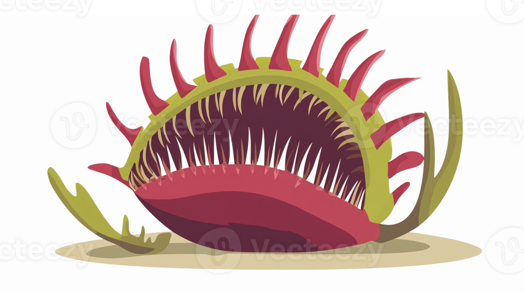 Colorful Cartoon Style Venus Flytrap Plant with Open Jaws and Green Leaves on Soil png