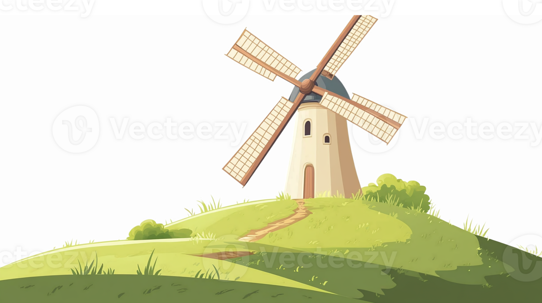 Illustrative of a Traditional Windmill on Rolling Green Hills with Blue Sky png