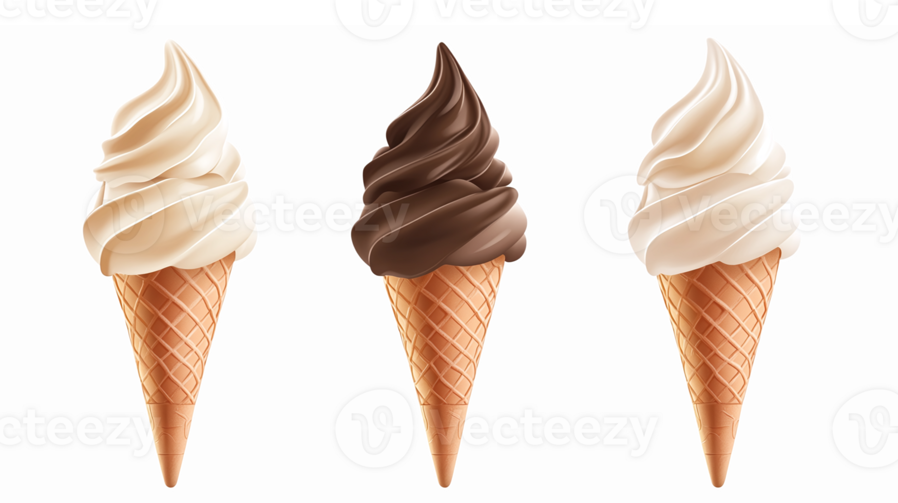 Delicious Ice Cream Cones in Three Flavors Chocolate Vanilla and Swirl on Transparent Background png