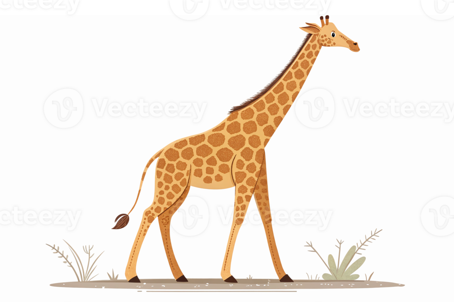 Playful Giraffe Walking with Detailed Patterns Among Greenery on Transparent Background png