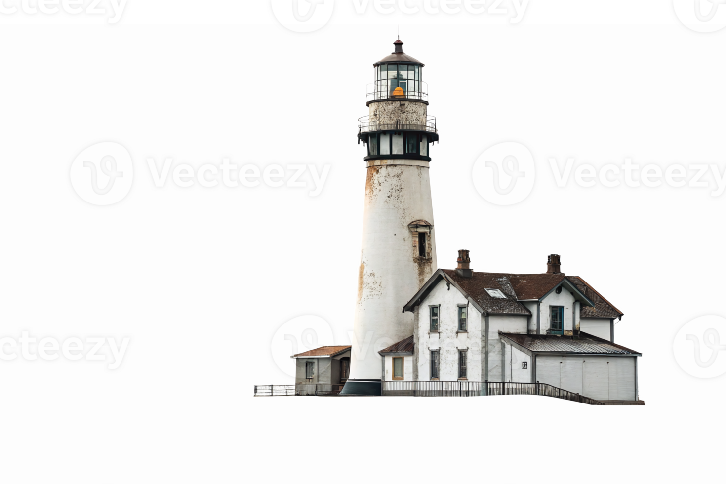 Vintage Coastal Lighthouse with White House and Tower Surrounded by Ocean for Nautical Decor png
