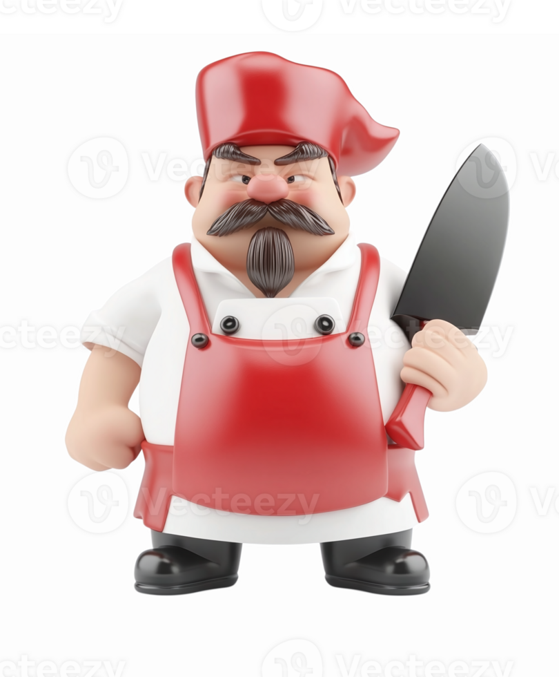 Cartoon Chef Character Holding Knife in Red Apron with Mustache and Hat for Culinary Designs png