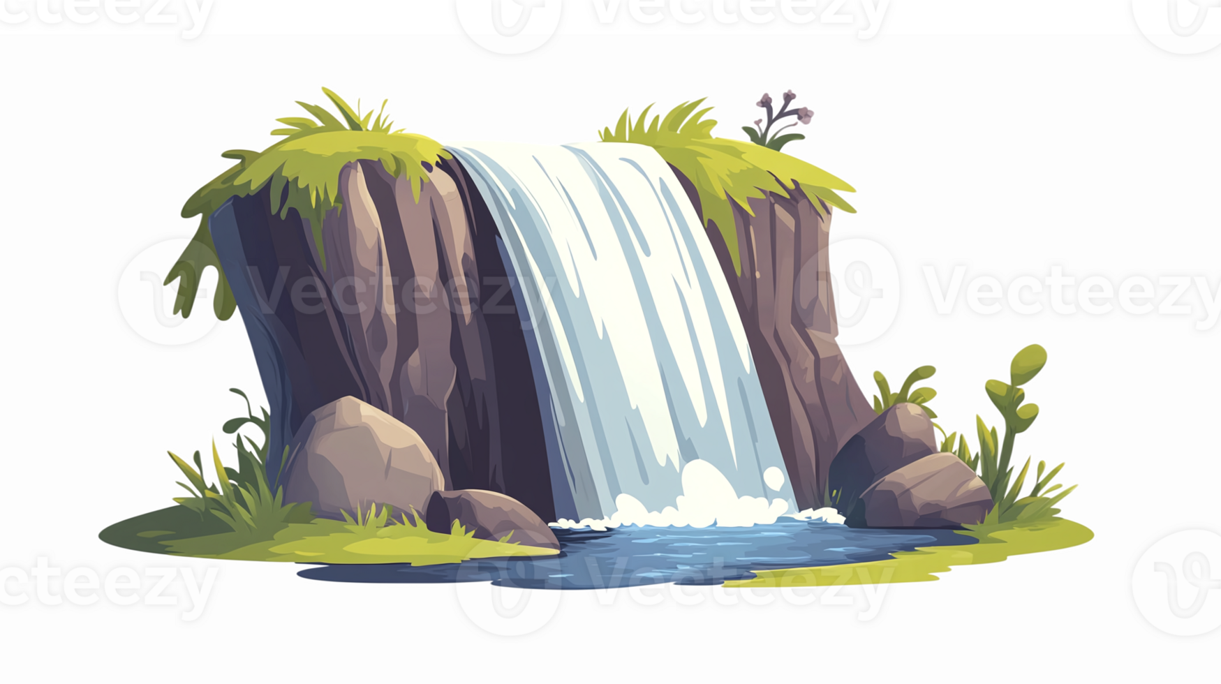 Beautiful Cascading Waterfall Surrounded by Lush Greenery and Rocks in Nature Landscape png