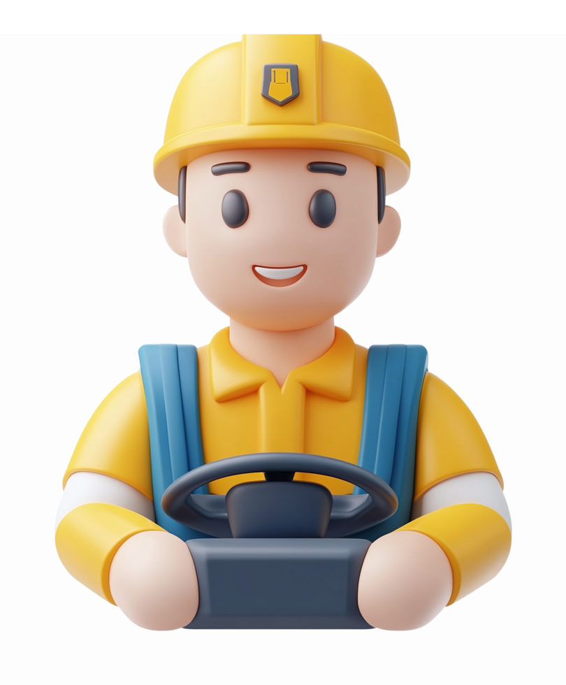 3D Cartoon Construction Worker Character Driving with Steering Wheel in Bright Safety Gear png