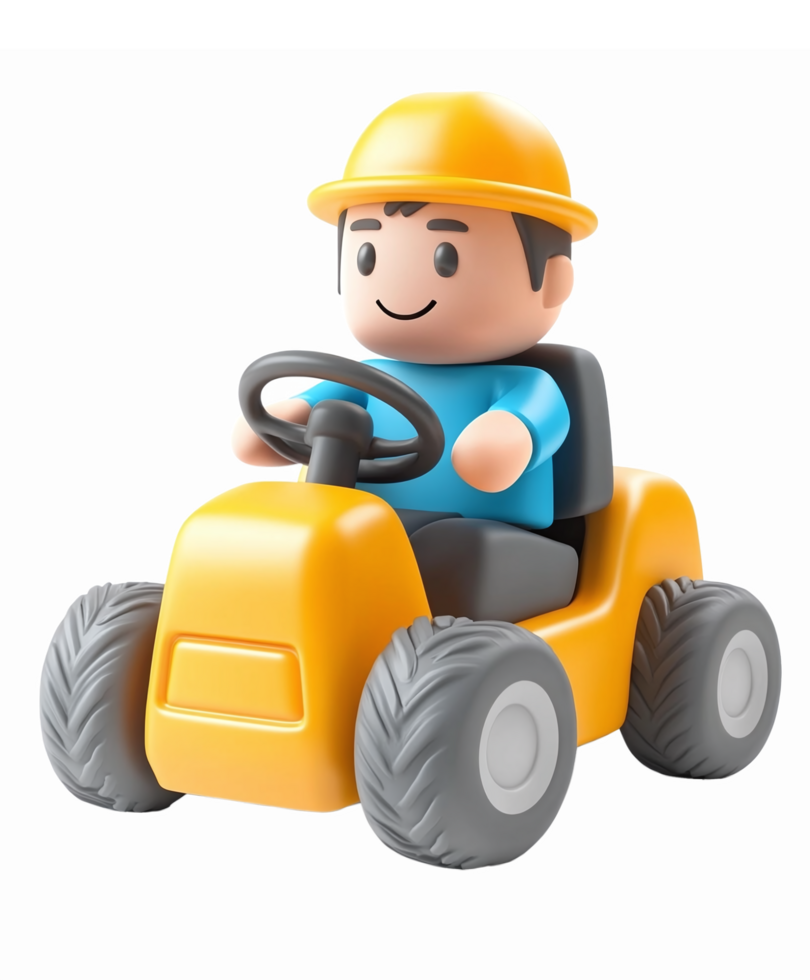 Fun Cartoon Character Driving Toy Tractor with Yellow Hard Hat and Bright Colors png