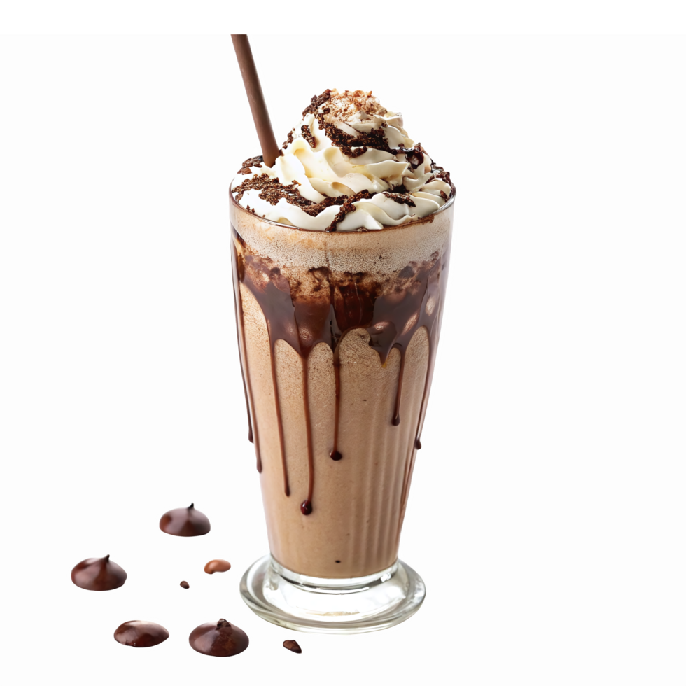 Chocolate Milkshake with Whipped Cream and Chocolate Drizzle in Tall Glass with Straw png