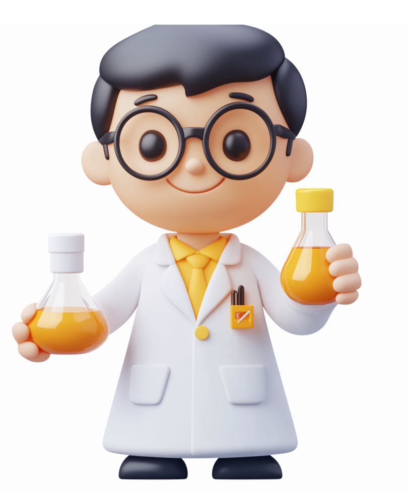 Cheerful Scientist Character Holding Laboratory Beakers in White Lab Coat with Transparent Background png