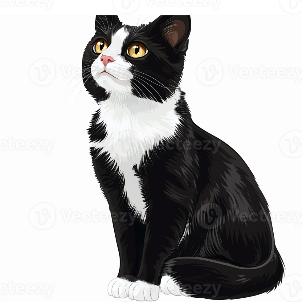 Elegant Black and White Cat Illustration with Bright Eyes and Detailed Fur on Transparent Background png