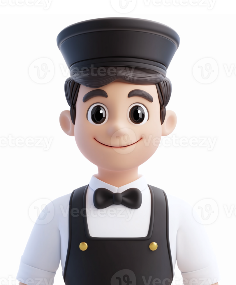 Friendly Cartoon Waiter Character with Bow Tie and Cap on Transparent Background png