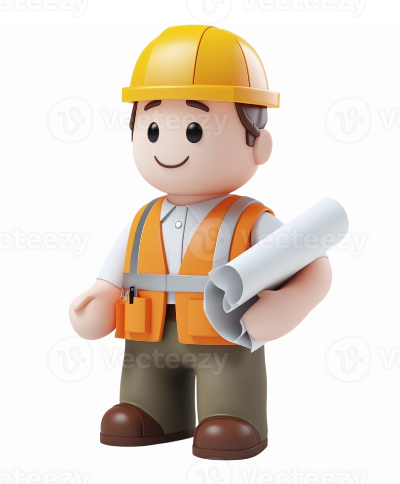 3D Building Construction Worker Character Holding Blueprint with Safety Helmet and Vest png