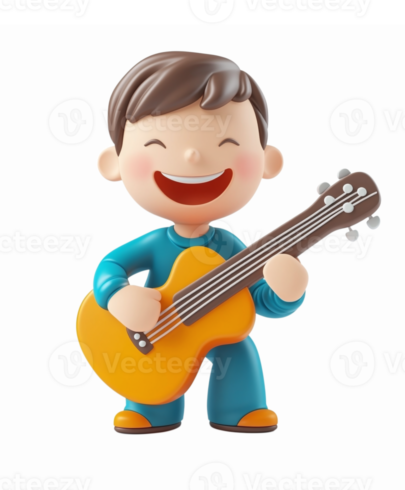 Cheerful Boy Playing Acoustic Guitar Cartoon Character with Transparent Background png