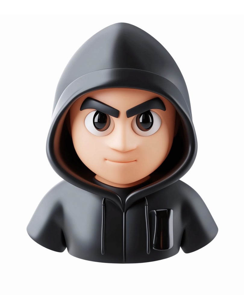 3D Cartoon Character in Black Hoodie with Intense Expression for Gaming and Animation Design png