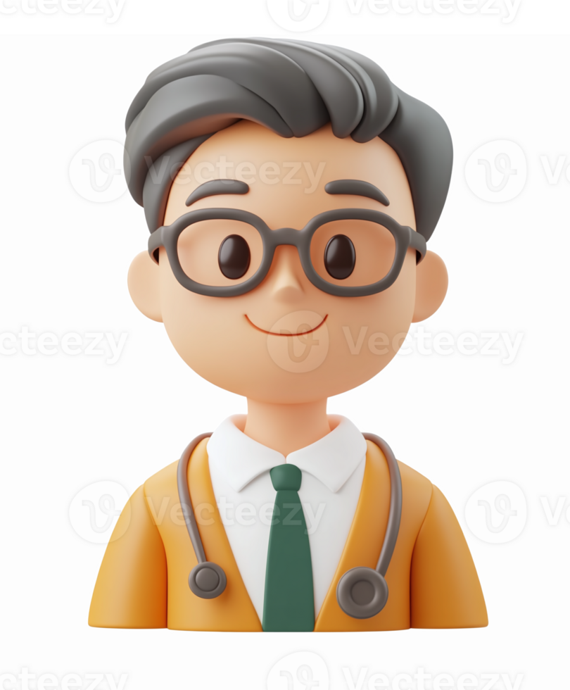 Friendly Male Doctor Character in Orange Coat with Stethoscope on Transparent Background png